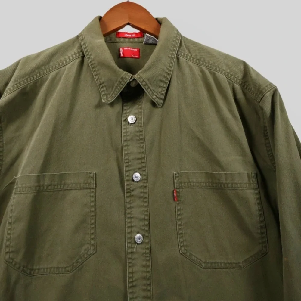 Vintage Levi's Shirt Mens L Red Tab Loose Fit Metal Button Army Green Denim‎ Y2K